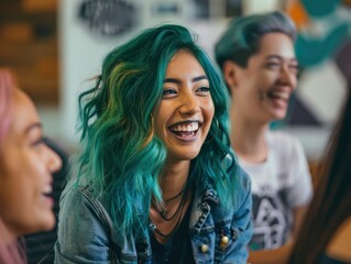 Obraz premium Happy candid female employee with teal hair laughing with colleagues in relaxed office team building. induction meeting. Inclusion & diversity in positive workplace. Celebrating differences.