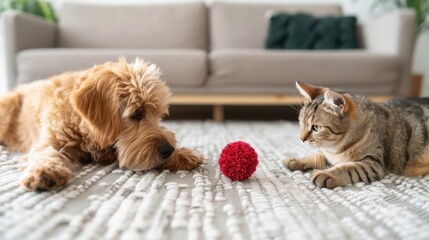 A dog and a cat are playing with a red ball on a carpet. The dog is laying on the floor while the cat is laying on the carpet