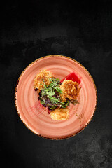 Stylish Tempura Fried Cheese with Beetroot on Rustic Plate