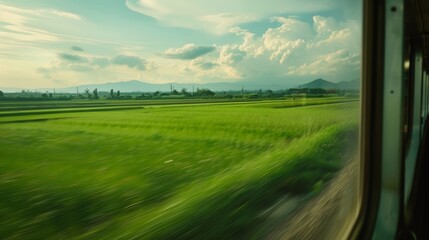 Lush green fields of vibrant es rushing past the train window.