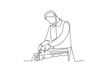 Single continuous line drawing of a mechanic was repairing a car engine. Professional work job occupation. Minimalism concept one line draw graphic design vector illustration