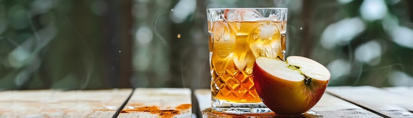 A glass of German apfelschorle with sparkling apple juice and a slice of apple, served with ice cubes, placed on a wooden table with a view of a snowy German forest