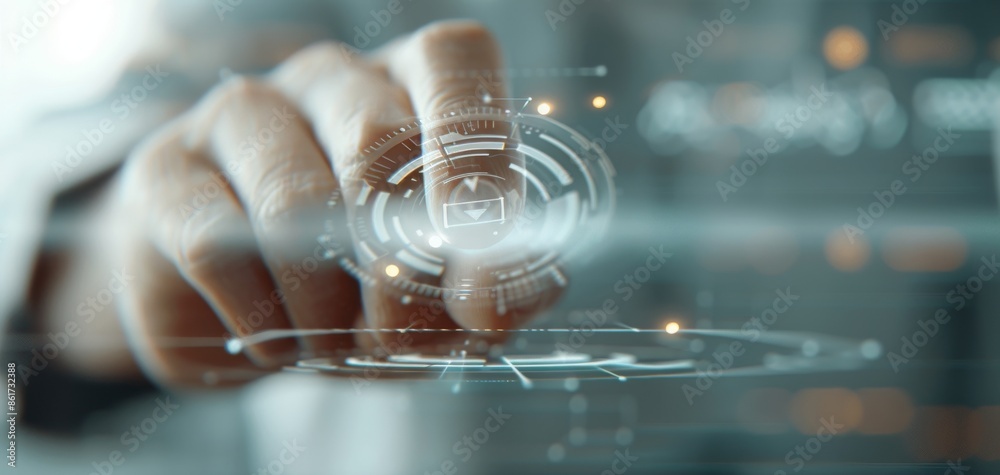 Poster Close-up of businessman using biometric scanner for identity data, combining biology and digital security concepts in office