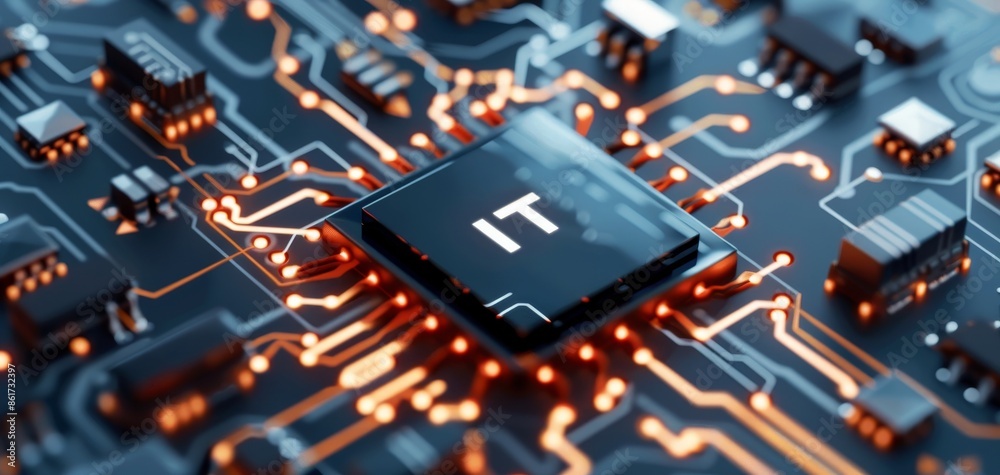Poster IT icon with circuit board background and IT text on blue digital tech, cyber network concept