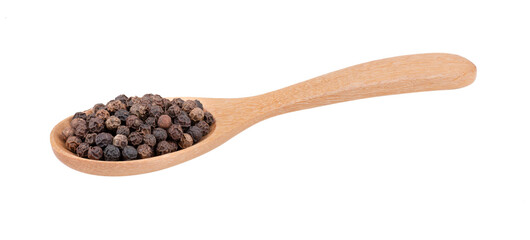 Black pepper corns in wood spoon isolated on transparent png