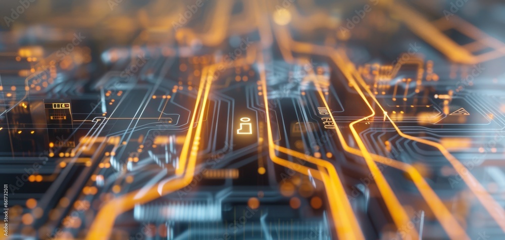 Poster 3D rendering of orange glowing cyber network with yellow 