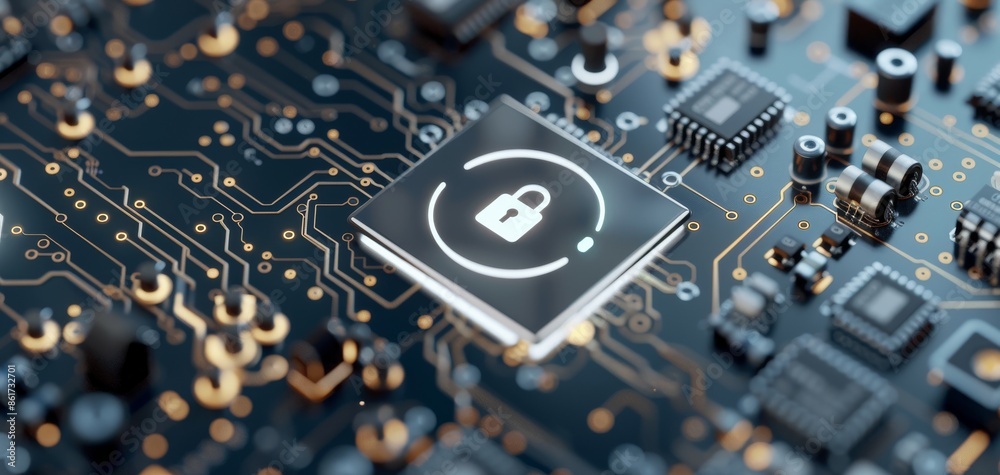Leinwandbilder 3D rendering of data security symbol on black circuit board, white digital 