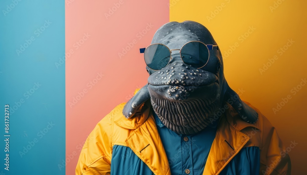 Wall mural Image of stylish Whale in trendy sunglasses and outfit looking at camera against two colored background, Copyspace