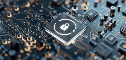 3D rendering of data security symbol on black circuit board, white digital "i" icon in chip center, microchips around, big limbs style