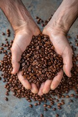 A person is holding a handful of coffee beans. The beans are spread out on a surface, and the person's hand is covering a large portion of the beans