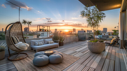 Rooftop deck patio area featuring a hanging chair.