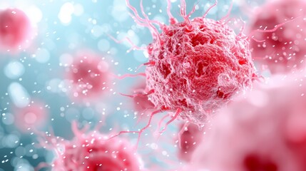 Close-up view of breast cancer cells, scientific diagram showcasing cellular irregularities, vivid colors and detailed textures emphasizing microscopic elements