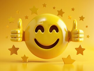 Smiley face surrounded by positive symbols, thumbs-up gestures, stars, and happy emoticons Feedback rating and customer satisfaction, positive experiences and reviews.