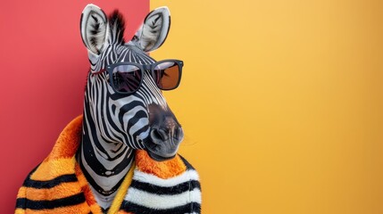 Image of stylish Zebra in trendy sunglasses and outfit looking at camera against two colored background, Copyspace
