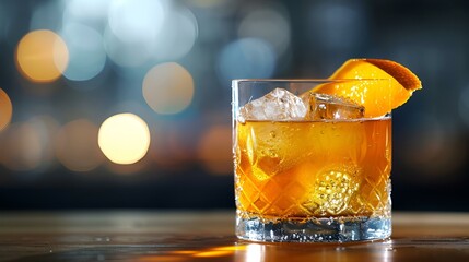 An old fashioned cocktail garnished with a slice of orange.