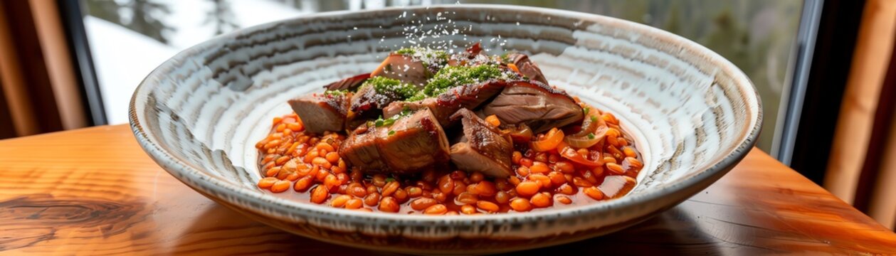 A plate of Estonian mulgikapsad with braised pork, sauerkraut, and barley, arranged on a rustic ceramic plate, placed on a wooden table with a view of a snowy forest outside