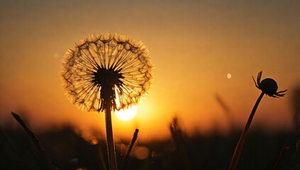 Silhouette of dandelion against the backdrop of the setting sun. Macro photography with text Goodbye Summer.