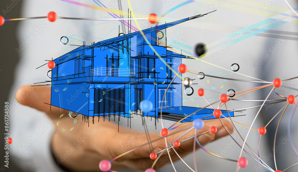 Poster house. data Big data visualization background.Abstract technology - 3d