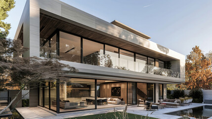 A contemporary mansion with a minimalist facade, characterized by clean lines, neutral tones, and a touch of slate gray.