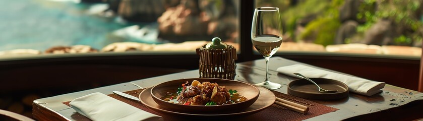 A plate of Palauan tinola with chicken, ginger, and green papaya soup, served in a traditional wooden bowl, set on a table with the Rock Islands in the background