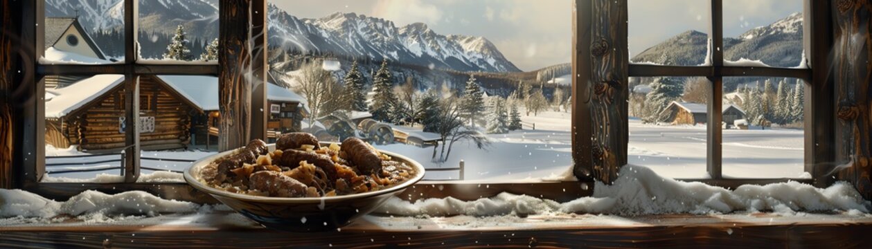 A plate of Polish bigos with sauerkraut, meat, and sausage, served in a traditional bowl, photographed with a view of a snowy Polish countryside