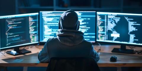 Hackers exploit multiple screens to manipulate company data for personal profit. Concept Cybersecurity, Data Breach, Multi-screen Exploitation, Company Hacking, Personal Profit