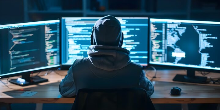 Hackers exploit multiple screens to manipulate company data for personal profit. Concept Cybersecurity, Data Breach, Multi-screen Exploitation, Company Hacking, Personal Profit