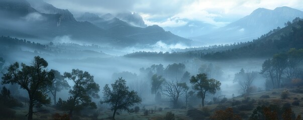 Fototapeta premium A misty morning with fog swirling around trees and mountains, creating an atmosphere of mystery and intrigue.