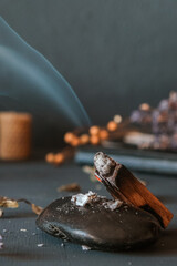 Tarot, astrology,Esoteric, Occult mystical ritual scene of sorcery tarot candles,dried flowers, palo santo tarot cards, ritual book.Witchcraft,mysticism and occultism,esoteric background,tarot banner