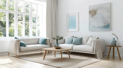 modern guest room with white sofa and hanging ceramic curtains and sunlight through in the room with curtains 