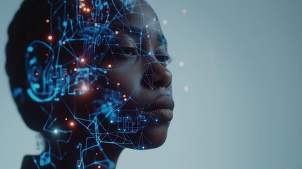 double exposure of African American woman face and digital network, artificial intelligence, high resolution, light blue background