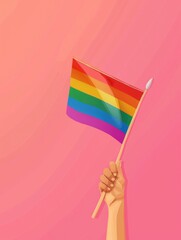 A hand holding a rainbow flag. The flag is red, white, and blue. The flag is being held up high