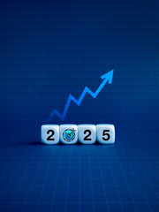2025 new year, business, financial and technology trends concept. 2025 year calendar number with target icon on white cube blocks on abstract grid, digital tech interface, vertical blue background.