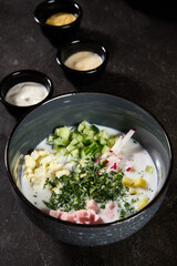 Traditional Okroshka Soup with Ayran - Refreshing Russian Cold Soup with Eggs, Vegetables, and Herbs