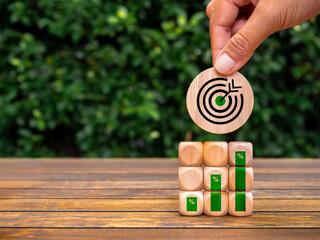 Green business, goal and growth success process for Leadership concept. Big target icon round block...