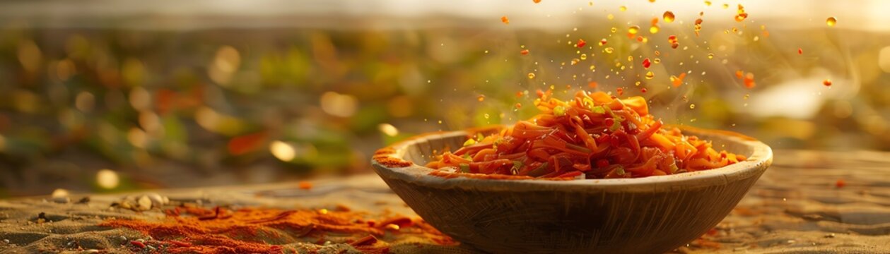 A serving of Kyrgyz laghman with handmade noodles and stirfried vegetables, placed in a rustic bowl, photographed in a Kyrgyz desert with scattered mangrove plants