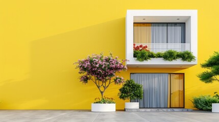 A yellow building with a white trim and a pink tree in front of it. The building has a balcony with potted plants on it
