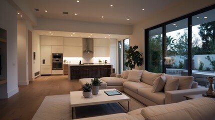 Fototapeta premium A large living room with a white couch, a coffee table, and a potted plant. The room is well-lit and has a modern, clean look