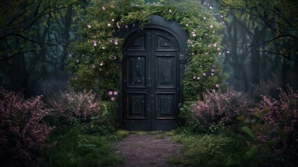 A black door with a green archway and pink flowers in front of it. The door is surrounded by a lush green garden