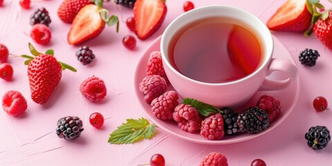 A cup of tea is on a pink plate with strawberries and raspberries. Concept of relaxation and indulgence, as the tea and fruit are arranged in a visually appealing manner