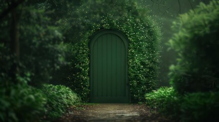 A green door with a green bush in front of it