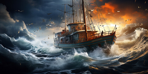 Obraz premium A ship navigating rough sea, symbolizing seafarers' bravery.