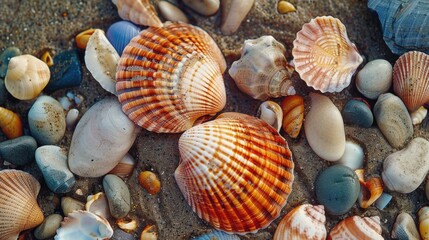 A collection of seashells scattered on a sunny beach, with a blue sky and waves in the background