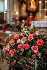 rose flowers and coffin at funeral in church