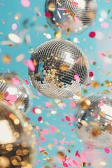 holographic disco balls pattern with flying gold and silver confetti, shiny, very festive