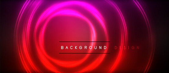 Neon glowing circle rays, light round lines in the dark, planet style neon wave lines. Energetic electric concept design for wallpaper, banner, background