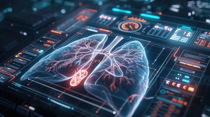 Closeup of a hightech digital pulmonology device with realtime respiratory metrics and holographic lung models