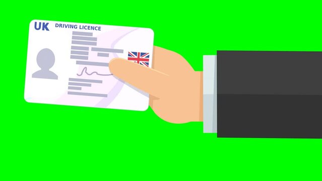 A hand presents a driver's license from United Kingdom from the right on green screen, transparent background with alpha channel (flat design)