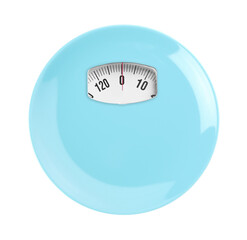 Light blue plate with analog weighing scale display isolated on white, top view