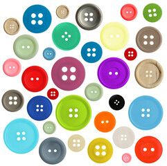 Many different buttons isolated on white. Sewing accessory